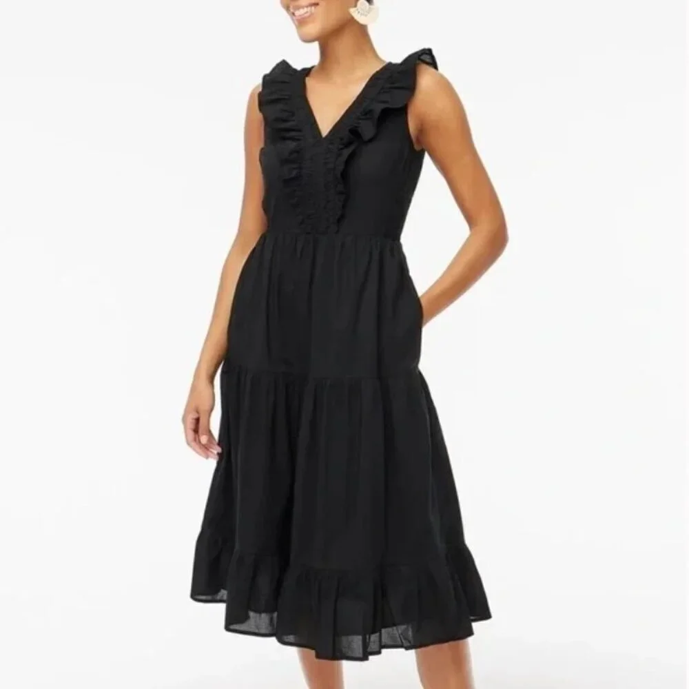 NWT J. Crew V-Neck Smocked Ruffle Tiered Midi Dress Black Sz 14